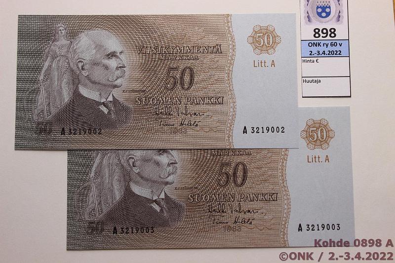 k-0898-a.jpg - Kohde 898, lhthinta: 100 € / myyntihinta: 100 € 50 mk 1963 LA (2) SNY 170.2.1 A3219002-03 VAL-He, perkkiset, pieni painanne, kunto: 9