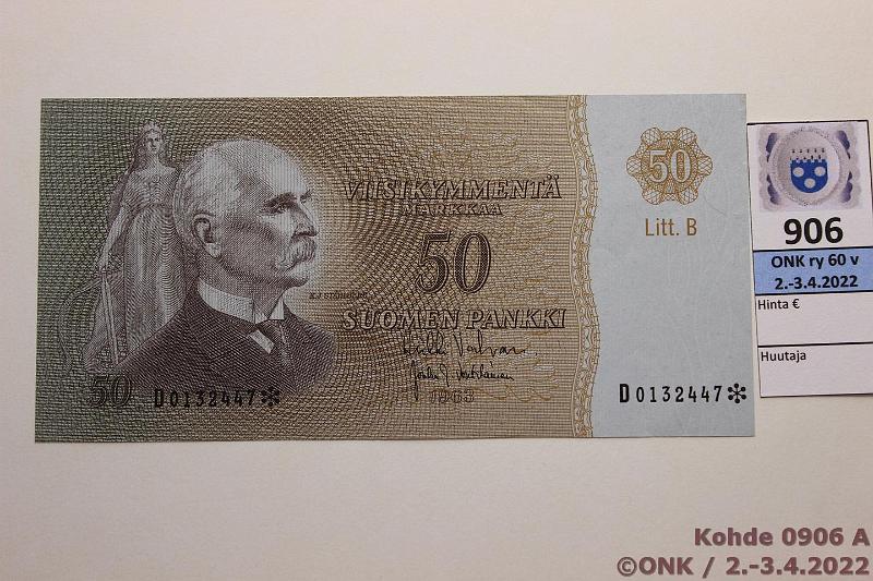 k-0906-a.jpg - Kohde 906, lhthinta: 200 € / myyntihinta: 220 € 50 mk 1963 LB D* SNY 170.3.6 D0132447* VAL-Vou, korvaava, kunto: 9