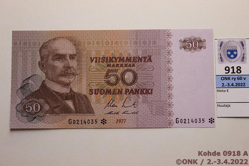 k-0918-a.jpg - Kohde 918, lhthinta: 30 € / myyntihinta: 30 € 50 mk 1977 G* SNY 171.7 G0214035* KO II-Pu1, pintaeloa, korvaava, kunto: 9