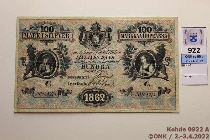 k-0922-a.jpg - Kohde 922 (kuva 1/2), lhthinta: 2000 € / myyntihinta: 3300 € 100 mk 1862 C SNY 173.3 164274 Boije-Ahlfors, 2 pient ohentumaa, 1mm rep, kunto: 4