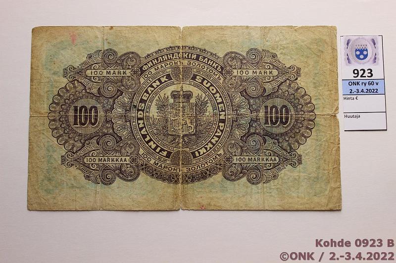 k-0923-b.jpg - Kohde 923 (kuva 2/2), lhthinta: 50 € / myyntihinta: 50 € 100 mk 1898 SNY 175.3 1192250 COL-Ahl, rep, reiki, huonot reunat, kunto: 2