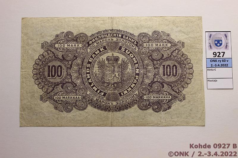 k-0927-b.jpg - Kohde 927 (kuva 2/2), lhthinta: 55 € / myyntihinta: 72 € 100 mk 1898 SNY 175.3 1280488 WEG-Jg, vasenta reunaa leikattu, kunto: 3