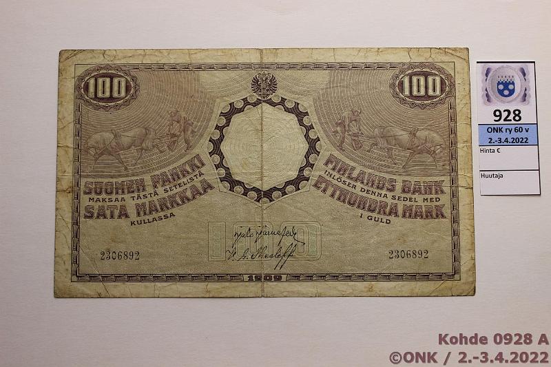 k-0928-a.jpg - Kohde 928 (kuva 1/2), lhthinta: 150 € / ei tarjouksia 100 mk 1909 SNY 176.1 2306892 JR-The, laillinen, huonot reunat, kunto: 3