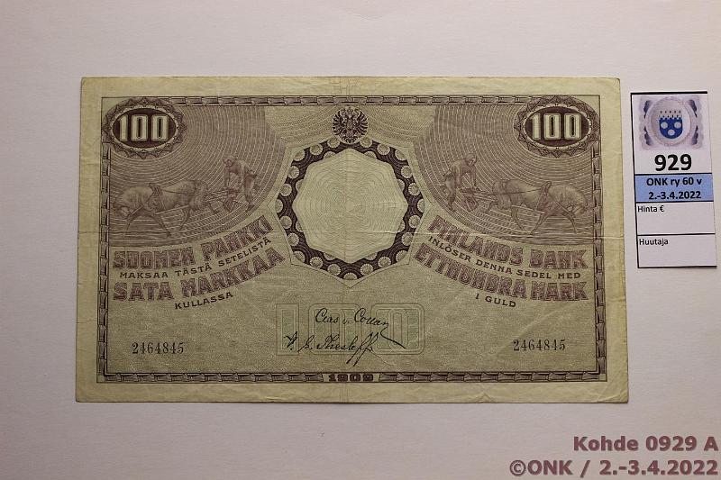 k-0929-a.jpg - Kohde 929 (kuva 1/2), lhthinta: 170 € / myyntihinta: 180 € 100 mk 1909 SNY 176.1 2464845 COL-The, laillinen, kunto: 4