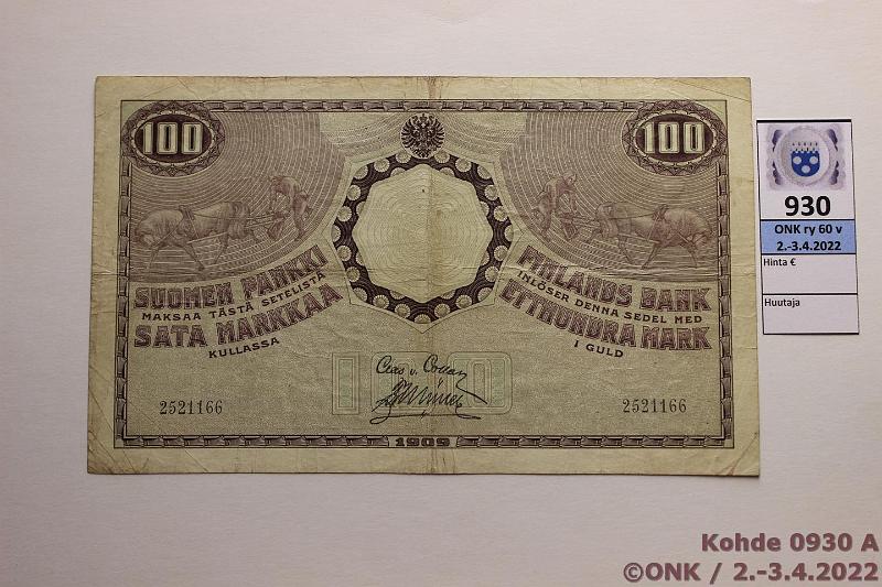 k-0930-a.jpg - Kohde 930, lhthinta: 170 € / myyntihinta: 170 € 100 mk 1909 SNY 176.1 2521166 COL-Ml, laillinen, kunto: 4
