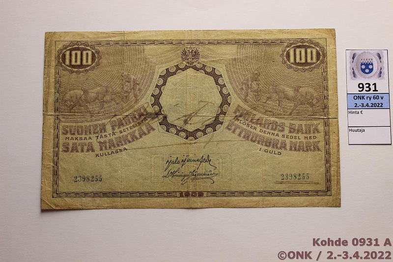 k-0931-a.jpg - Kohde 931, lhthinta: 10 € / myyntihinta: 10 € 100 mk 1909 KV  SNY 176.4  2(3)98255 JR-His, 2 x n.1 cm rep, km, toista numeroa muutettu 8→3, kunto: 3