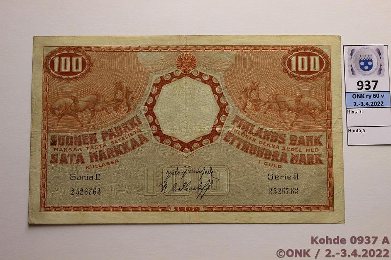 k-0937-a.jpg - Kohde 937, lhthinta: 100 € / myyntihinta: 100 € 100 mk 1909 S II SNY 176.6 2526763 JR-The, Sarja II, ptahra, kunto: 4