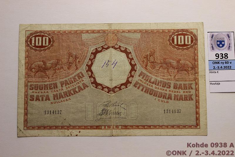 k-0938-a.jpg - Kohde 938, lhthinta: 100 € / ei tarjouksia 100 mk 1918 SNY 177 1314137 STE-Ml, km, prep, tahroja, kunto: 3