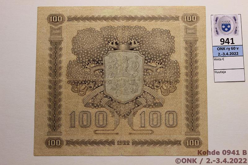 k-0941-b.jpg - Kohde 941 (kuva 2/2), lhthinta: 300 € / myyntihinta: 370 € 100 mk 1922 SNY 178.1 A0497621 BA II-Ml, eprep, kova paperi, sil? Harvinainen!, kunto: 4