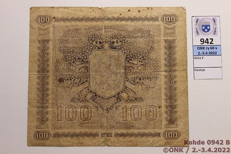k-0942-b.jpg - Kohde 942 (kuva 2/2), lhthinta: 25 € / myyntihinta: 25 € 100 mk 1922 LA SNY 178.3 O0044020 KAL-Wah, rep, reiki, tahroja, kunto: 2