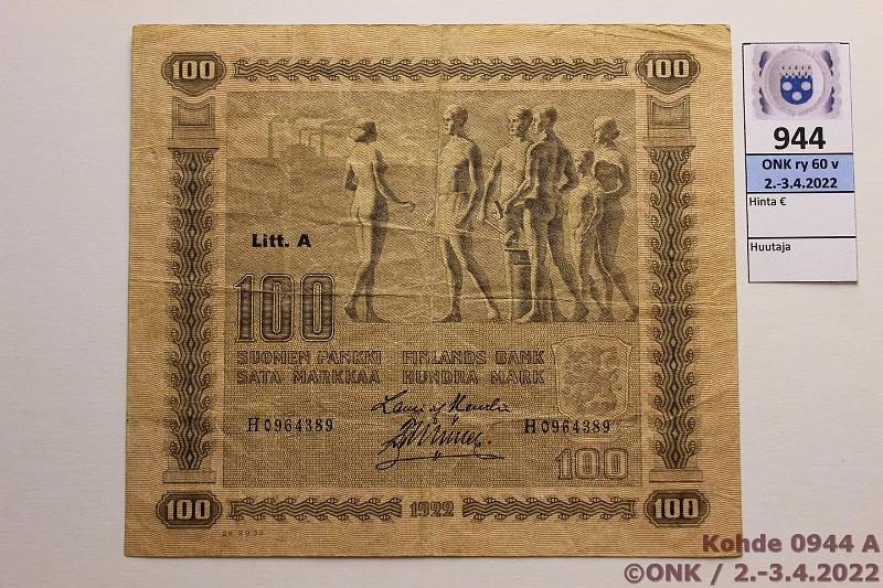 k-0944-a.jpg - Kohde 944 (kuva 1/2), lhthinta: 90 € / ei tarjouksia 100 mk 1922 LA SNY 178.3 H0964389 HEU-Ml, kunto: 4