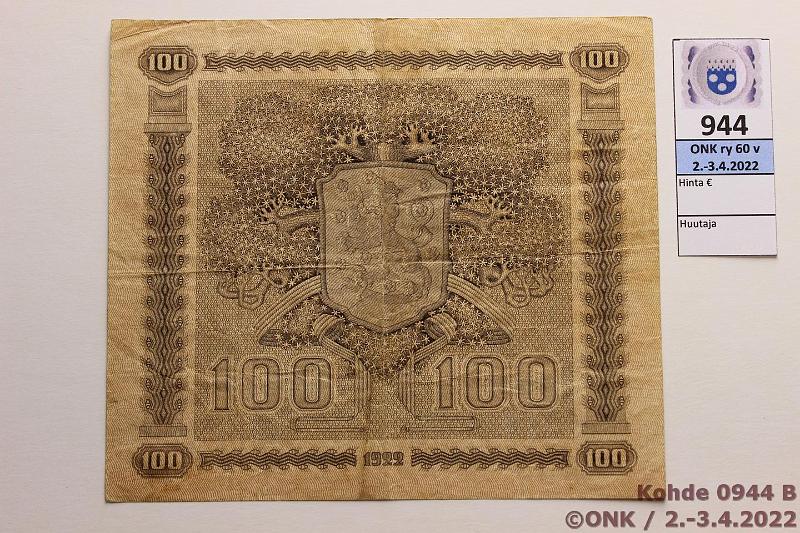 k-0944-b.jpg - Kohde 944 (kuva 2/2), lhthinta: 90 € / ei tarjouksia 100 mk 1922 LA SNY 178.3 H0964389 HEU-Ml, kunto: 4