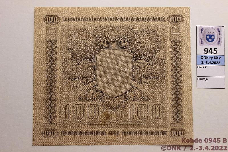 k-0945-b.jpg - Kohde 945 (kuva 2/2), lhthinta: 150 € / ei tarjouksia 100 mk 1922 LA SNY 178.3 M0548347, RYT-OAs, ptahra, sil?, kunto: 6