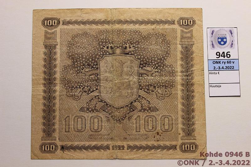 k-0946-b.jpg - Kohde 946 (kuva 2/2), lhthinta: 150 € / myyntihinta: 150 € 100 mk 1922 LB SNY 178.4 A0269064 HEU-The, rep, harvinainen, kunto: 3