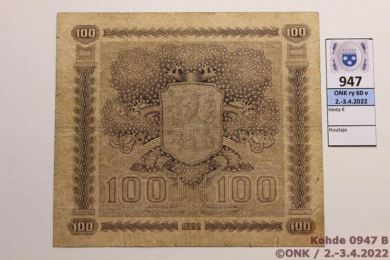 k-0947-b.jpg - Kohde 947 (kuva 2/2), lhthinta: 200 € / ei tarjouksia 100 mk 1922 LB SNY 178.4 A0488464 RYT-The, harvinainen, kunto: 3