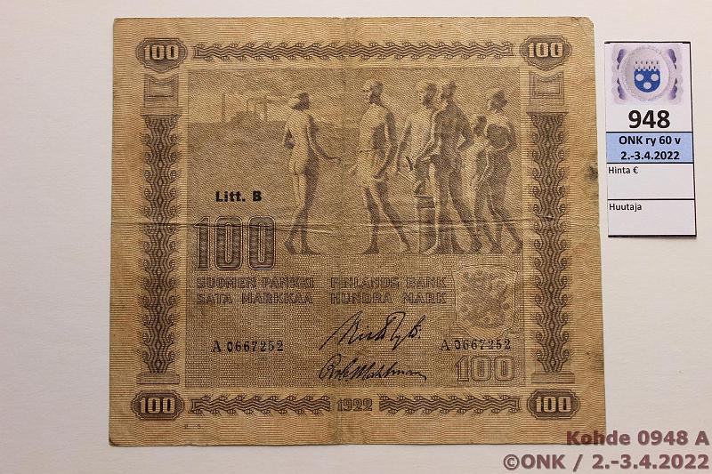 k-0948-a.jpg - Kohde 948 (kuva 1/2), lhthinta: 200 € / ei tarjouksia 100 mk 1922 LB SNY 178.4 A0667252 RYT-Wah, preiki, tahroja, harvinainen, kunto: 3