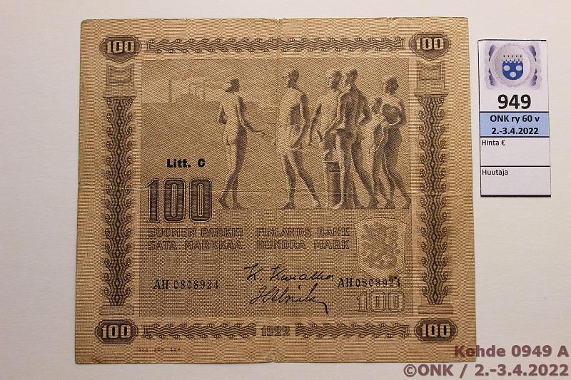 k-0949-a.jpg - Kohde 949, lhthinta: 10 € / myyntihinta: 10 € 100 mk 1922 LC SNY 178.5.1 AH0808924 KIV-Als, 5 mm rissi, melkein keskireik, kunto: 3