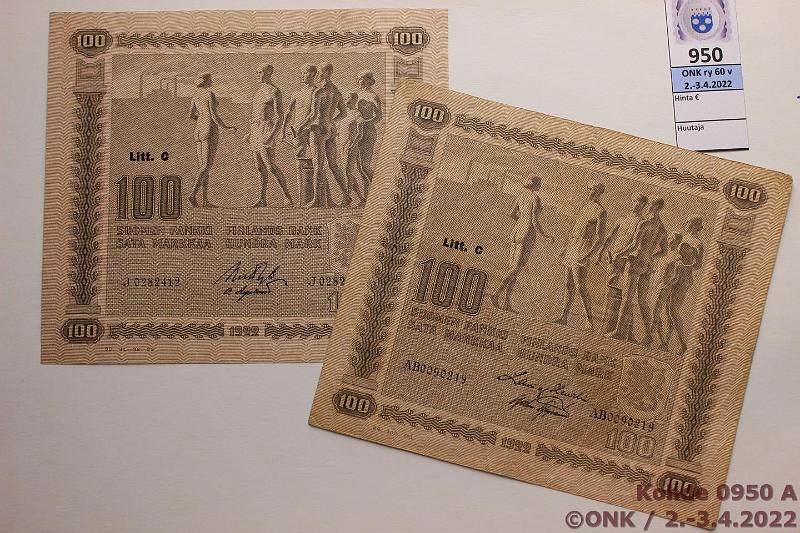 k-0950-a.jpg - Kohde 950, lhthinta: 50 € / myyntihinta: 82 € 100 mk 1922 LC (2) SNY 178.5.1 J..RYT-OAs, harv ak-pari, AB...HEU-AAs, kunto: 5, 4