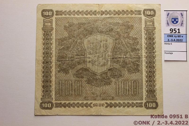 k-0951-b.jpg - Kohde 951 (kuva 2/2), lhthinta: 5 € / myyntihinta: 11 € 100 mk 1939 LD SNY 179.1 D2170983 RAN-AAs, vl 1, kunto: 4