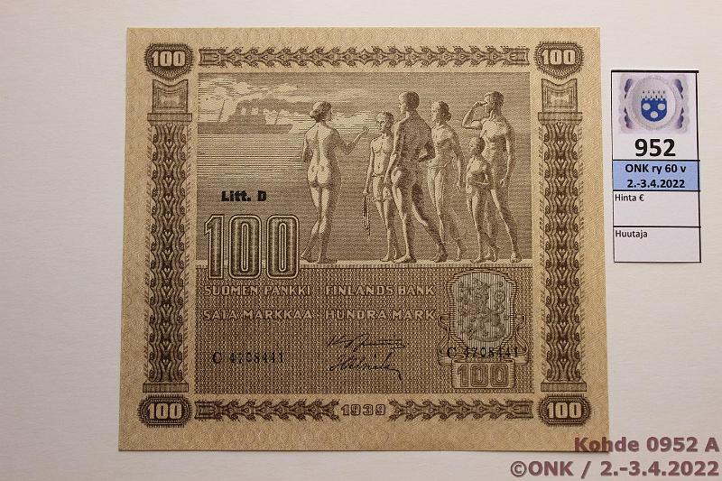 k-0952-a.jpg - Kohde 952 (kuva 1/2), lhthinta: 40 € / myyntihinta: 72 € 100 mk 1939 LD SNY 179.2 C4708441 JUT-Als, vhisi painaumia, vl 2, kunto: 9