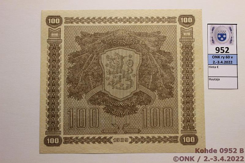 k-0952-b.jpg - Kohde 952 (kuva 2/2), lhthinta: 40 € / myyntihinta: 72 € 100 mk 1939 LD SNY 179.2 C4708441 JUT-Als, vhisi painaumia, vl 2, kunto: 9
