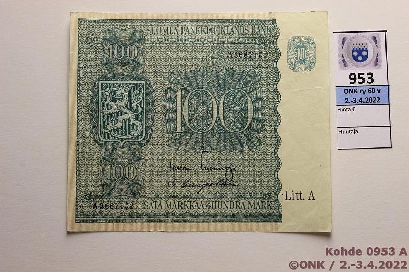 k-0953-a.jpg - Kohde 953 (kuva 1/2), lhthinta: 10 € / myyntihinta: 10 € 100 mk 1945 LA SNY 180.1 A3667102 TUO-Car, ptahra, prep, kunto: 5