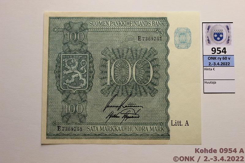 k-0954-a.jpg - Kohde 954, lhthinta: 25 € / myyntihinta: 25 € 100 mk 1945 LA SNY 180.1 E7369751 RAI-AAs, kunto: 8