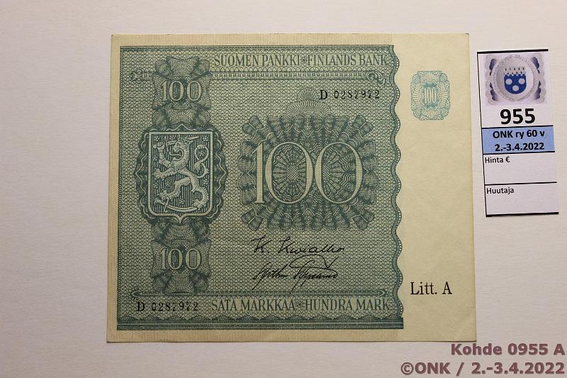 k-0955-a.jpg - Kohde 955, lhthinta: 25 € / myyntihinta: 25 € 100 mk 1945 LA SNY 180.1 D0287972 KIV-AAs, kunto: 8