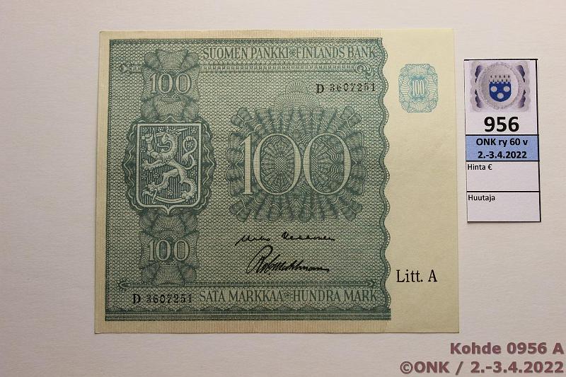 k-0956-a.jpg - Kohde 956, lhthinta: 35 € / myyntihinta: 46 € 100 mk 1945 LA SNY 180.1 D3607251 KEK-Wah, kunto: 9