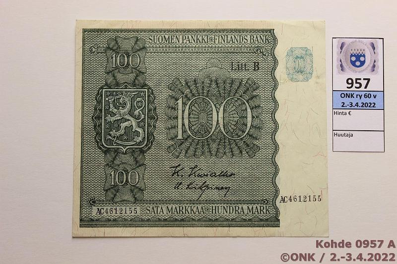 k-0957-a.jpg - Kohde 957, lhthinta: 5 € / myyntihinta: 7 € 100 mk 1945 LB SNY 180.2 AC4612155 KIV-Kil, kunto: 5