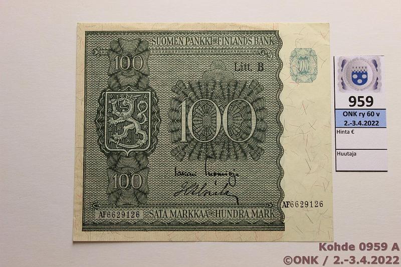k-0959-a.jpg - Kohde 959, lhthinta: 10 € / myyntihinta: 11 € 100 mk 1945 LB SNY 180.2 AF6629126 TUO-Als, kunto: 6