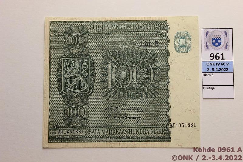 k-0961-a.jpg - Kohde 961, lhthinta: 15 € / myyntihinta: 15 € 100 mk 1945 LB SNY 180.2 AJ1351881 JUT-Kil, ei lpi setelin taitetta, kunto: 8