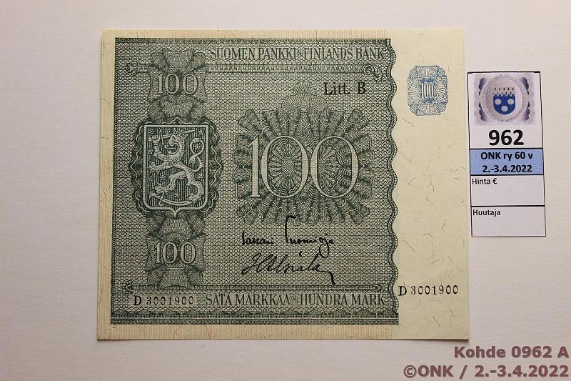 k-0962-a.jpg - Kohde 962, lhthinta: 25 € / myyntihinta: 25 € 100 mk 1945 LB SNY 180.2 D3001900 TUO-Als, vhisi painaumia, kunto: 9
