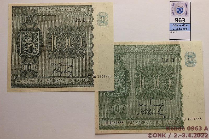 k-0963-a.jpg - Kohde 963, lhthinta: 15 € / myyntihinta: 28 € 100 mk 1945 LB (2) SNY 180.2 U1984888 TUO-Als, AV1571986 JUT-Eng, harv ak-pari (v), kunto: 6, 7