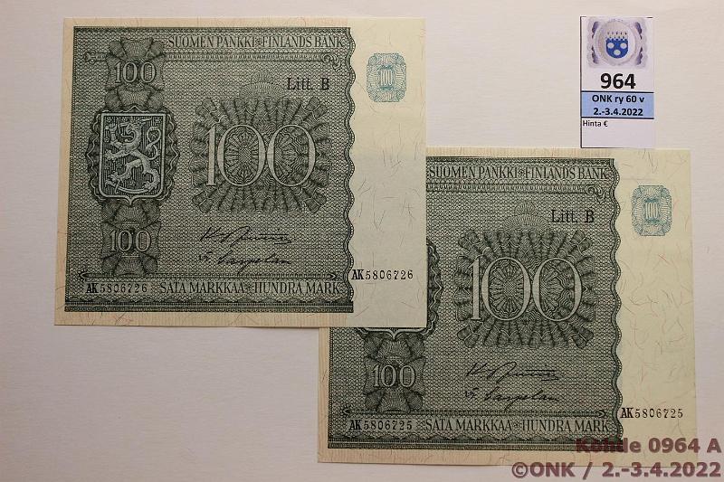 k-0964-a.jpg - Kohde 964, lhthinta: 20 € / myyntihinta: 21 € 100 mk 1945 LB (2) SNY 180.2 AK5806725-26 JUT-Car, 2 perkkist, loiva taite, kunto: 7
