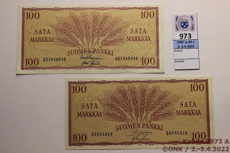 k-0973-a.jpg - Kohde 973 (kuva 1/2), lhthinta: 15 € / myyntihinta: 19 € 100 mk 1957 (2) SNY 182.1 G8551810 SIM-Eng, AO1948935 LEI-AAs, kunto: 9, 7
