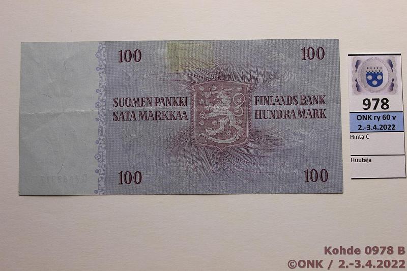k-0978-b.jpg - Kohde 978 (kuva 2/2), lhthinta: 40 € / myyntihinta: 150 € 100 mk 1963 LA SNY 183.4 D7062817 KA I-He, etusivulta puuttuu punainen vri, takasivulla teippikorjaus, kunto: 5