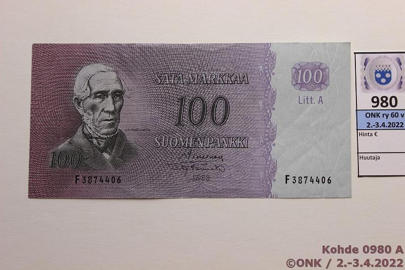 k-0980-a.jpg - Kohde 980, lhthinta: 15 € / ei tarjouksia 100 mk 1963 LA SNY 183.4 F3874406 SIM-Tr, kunto: 5