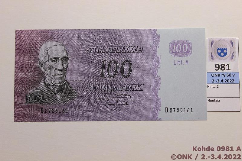 k-0981-a.jpg - Kohde 981, lhthinta: 40 € / myyntihinta: 40 € 100 mk 1963 LA SNY 183.4 D8725161 SIM-Ara, kunto: 9