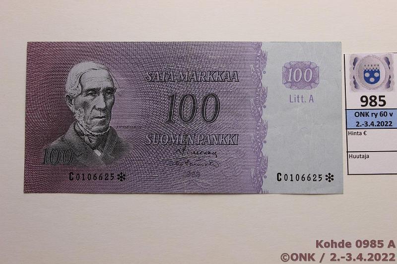 k-0985-a.jpg - Kohde 985, lhthinta: 50 € / myyntihinta: 70 € 100 mk 1963 LA C* SNY 183.9 C0106625* SIM-Tr, korvaava, kunto: 5