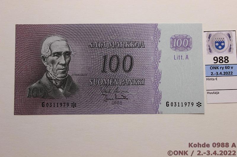 k-0988-a.jpg - Kohde 988, lhthinta: 150 € / myyntihinta: 155 € 100 mk 1963 LA G* SNY 183.13 G0311979* UUS-Ara, korvaava, kunto: 9