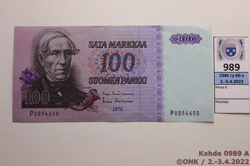 k-0989-a.jpg - Kohde 989, lhthinta: 8 € / myyntihinta: 8 € 100 mk 1976 SNY 184.1 P0854650 LIN-Hes, kunto: 7
