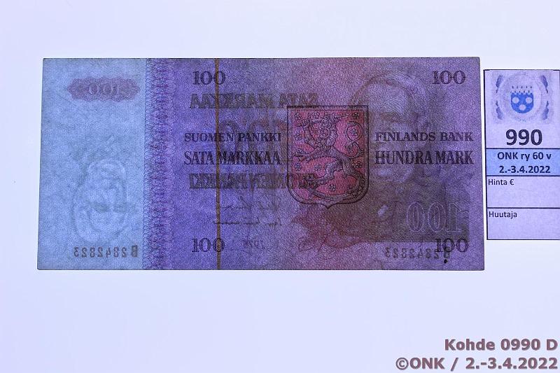 k-0990-d.jpg - Kohde 990 (kuva 4/4), lhthinta: 400 € / ei tarjouksia 100 mk 1976 SNY 184.1 B2842823 UUS-Lin, km, vesileima asento 2, harvinainen!, kunto: 4