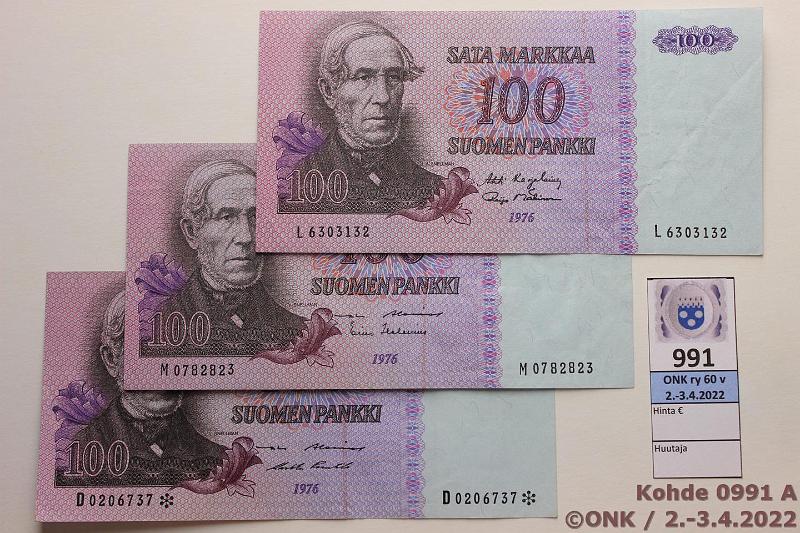 k-0991-a.jpg - Kohde 991, lhthinta: 25 € / myyntihinta: 25 € 100 mk 1976 -, D* (3) SNY 184.1+6 L..KA I-M1, M..AL I-Hes, D..* AL I-Pu1, kovaava, kunto: 4