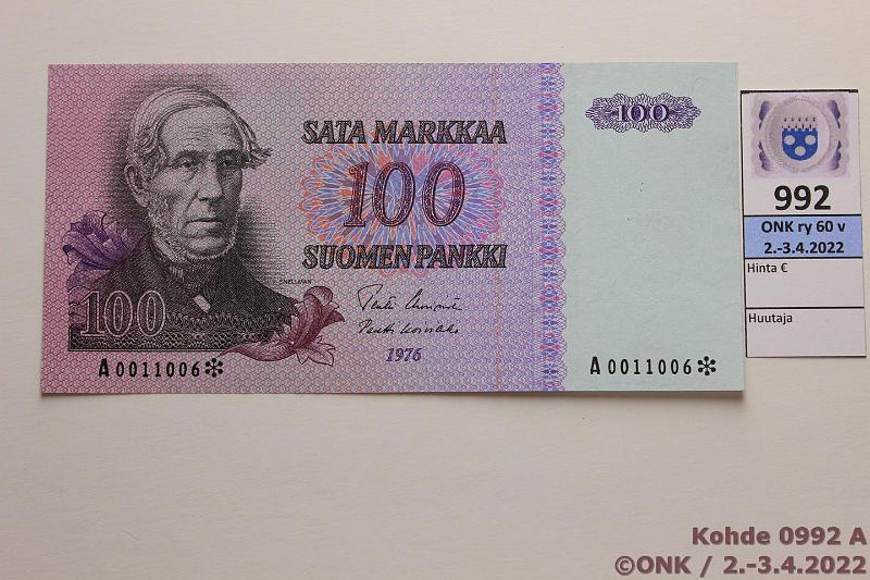 k-0992-a.jpg - Kohde 992, lhthinta: 30 € / ei tarjouksia 100 mk 1976 A* SNY 184.5 A0011006* UUS-Ko1, lainetta, sil?, korvaava, kunto: 7