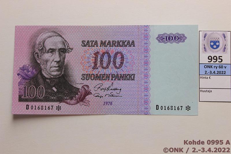 k-0995-a.jpg - Kohde 995, lhthinta: 25 € / myyntihinta: 26 € 100 mk 1976 D* SNY 184.6 D0168167* KU I-M1, korvaava, kunto: 7