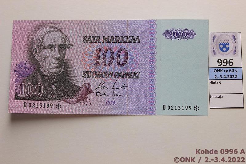 k-0996-a.jpg - Kohde 996, lhthinta: 25 € / myyntihinta: 25 € 100 mk 1976 D* SNY 184.6 D0213199* KO II-Leh, sil, korvaava, kunto: 7