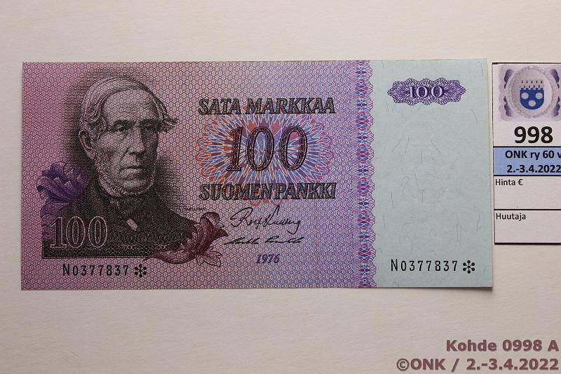 k-0998-a.jpg - Kohde 998 (kuva 1/2), lhthinta: 40 € / myyntihinta: 40 € 100 mk 1976 N* SNY 184.9 N0377837* KU I-Pu1, korvaava, kunto: 9