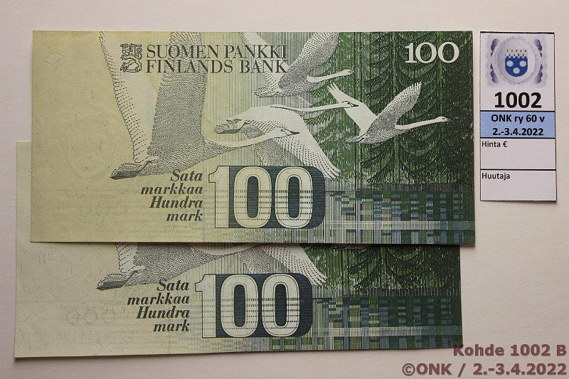 k-1002-b.jpg - Kohde 1002 (kuva 2/2), lhthinta: 12 € / myyntihinta: 60 € 100 mk 1986 (2) SNY 185.1 5014711198 AL I-M1, 5057398176 UUS-H1, jlkimmisen setelin oikea puoli keltainen, kunto: 7