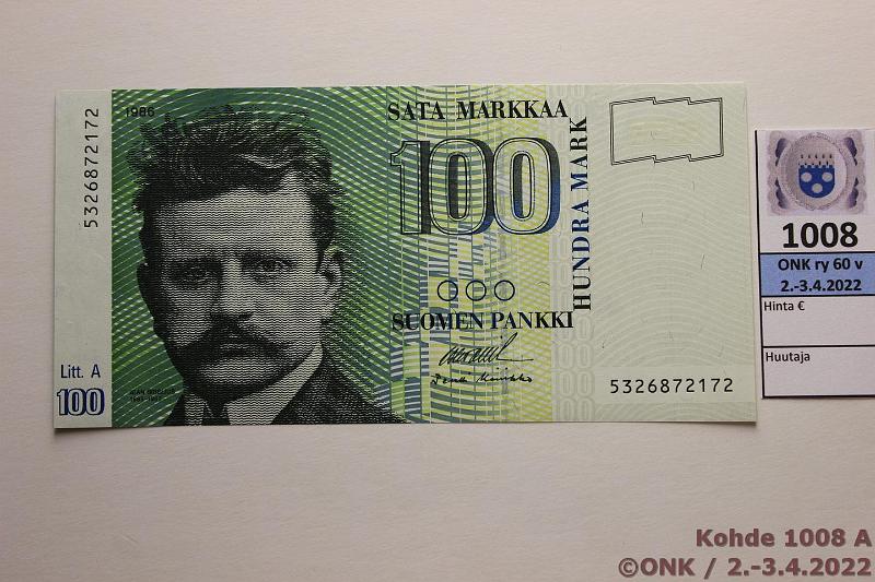 k-1008-a.jpg - Kohde 1008, lhthinta: 15 € / myyntihinta: 16 € 100 mk 1986 LA SNY 185.5 5326872172 OL II-Ko2, kunto: 9